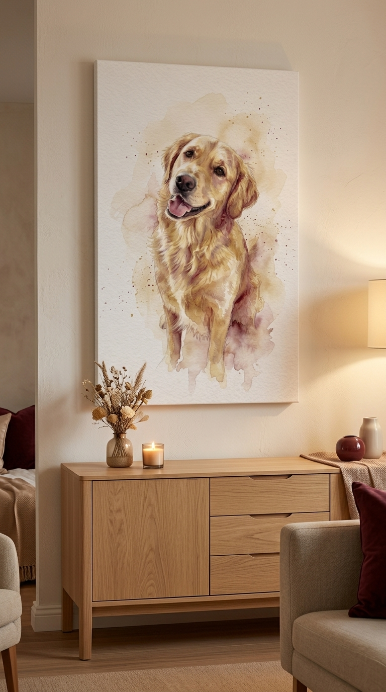 Aquarell-Portrait eines Golden Retrievers auf Leinwand über einem Sideboard (Beispielmotiv, KI-generiert)