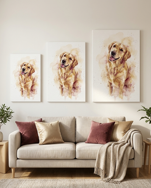 Größenvergleich der Leinwände 30×45, 40×60 und 60×90 cm über einem Sofa (Visualisierung)