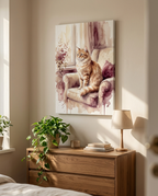 Aquarell-Portrait einer Katze mit Hintergrund auf Leinwand im Schlafzimmer (Beispielmotiv, KI-generiert)
