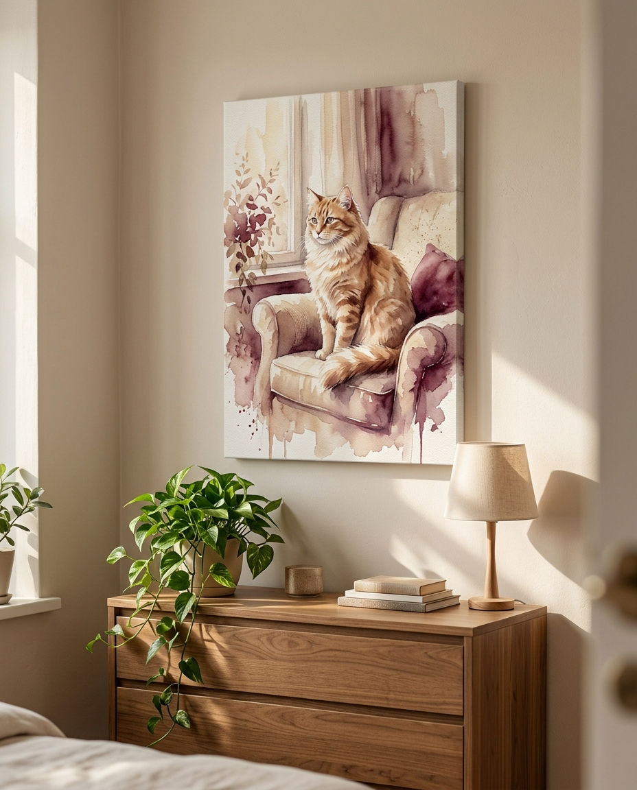 Aquarell-Portrait einer Katze mit Hintergrund auf Leinwand im Schlafzimmer (Beispielmotiv, KI-generiert)