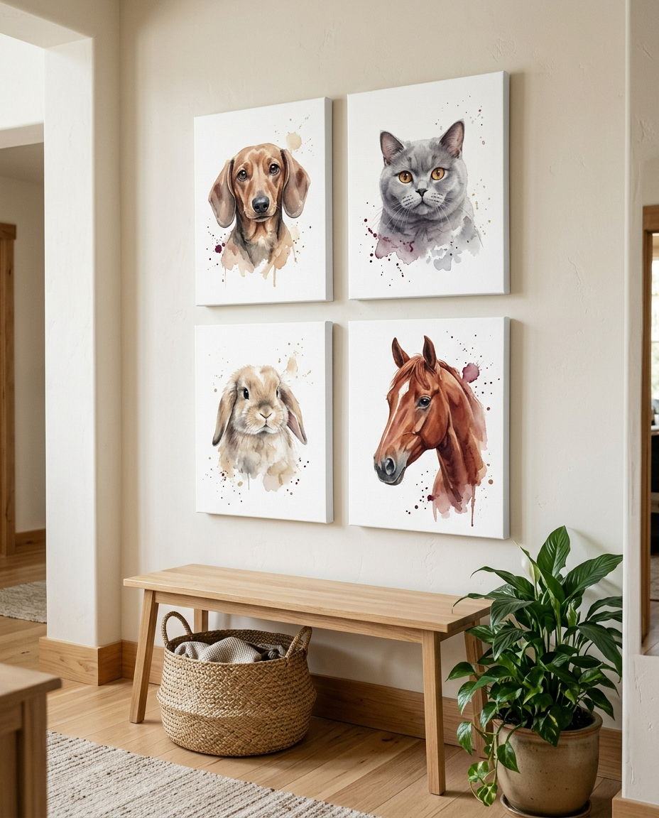 Bilderwand mit Aquarell-Portraits von Dackel, Katze, Kaninchen und Pferd (Beispielmotive, KI-generiert)